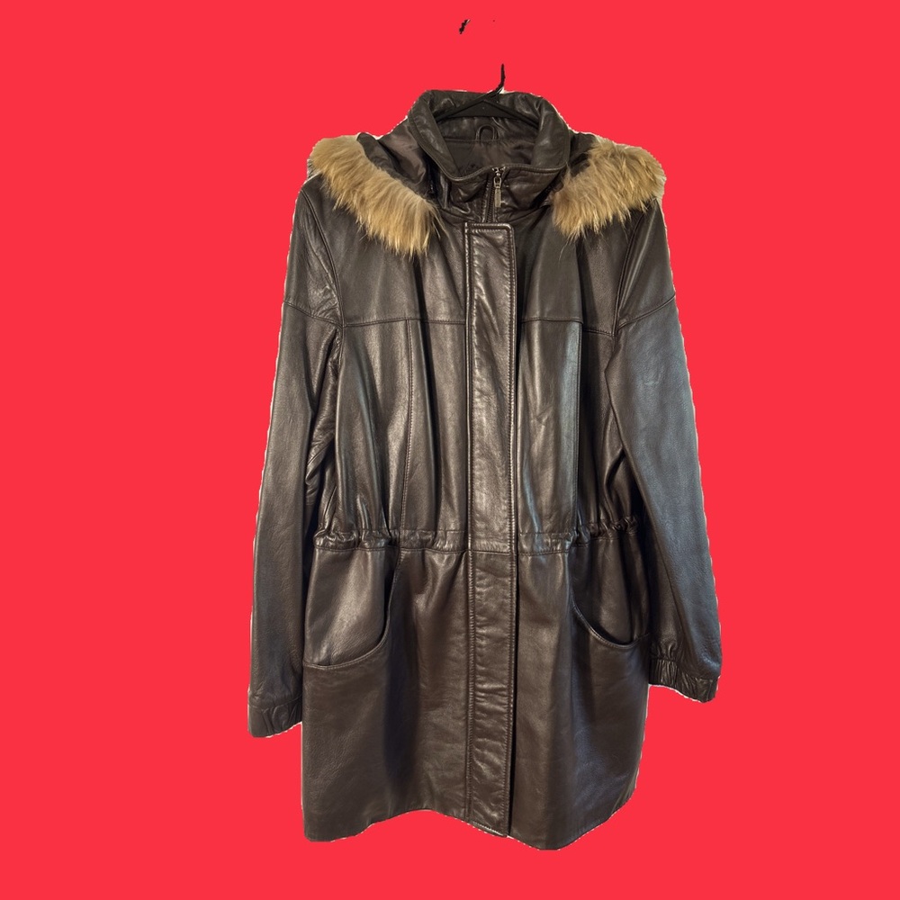 JLC NEW YORK BROWN LEATHER COAT /JACKET FOR WOMEN REMOVABLE HOOD IN SIZE MEDIUM